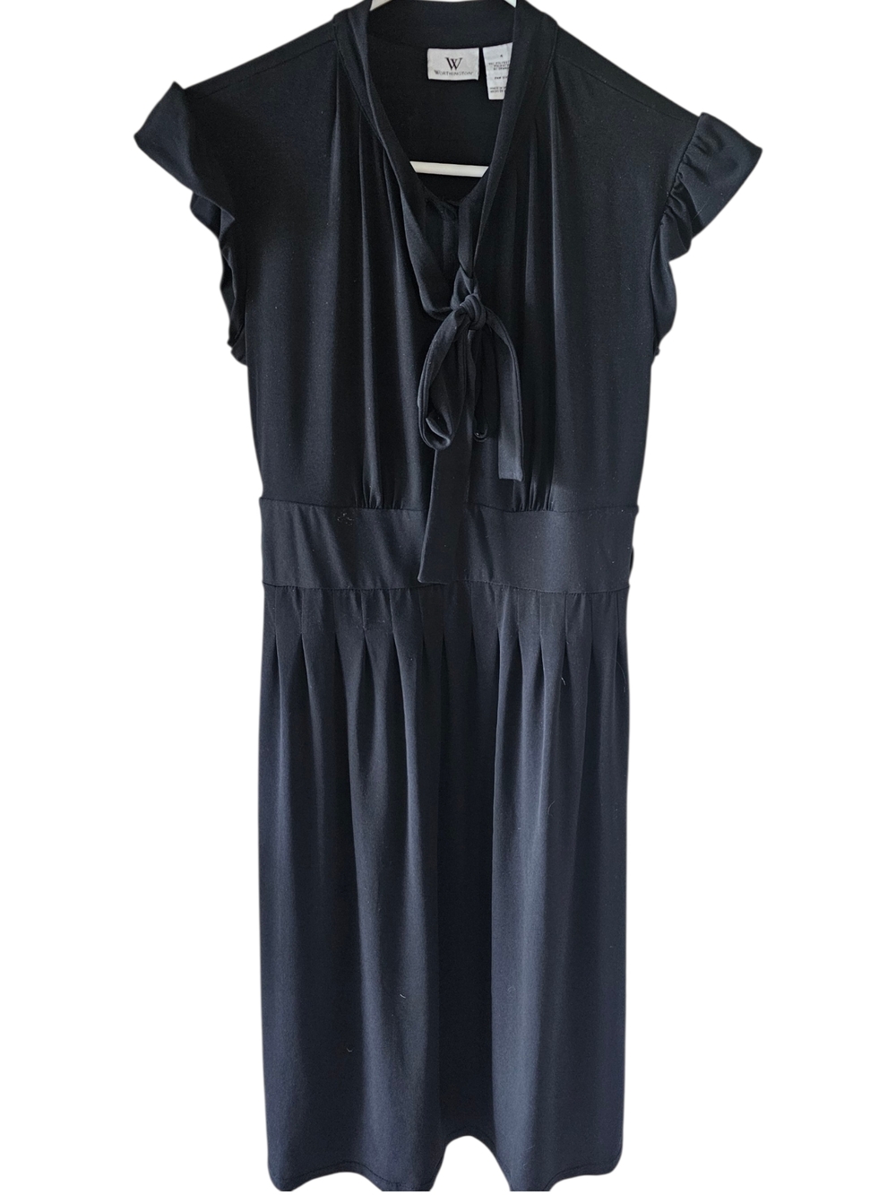 Worthington Black Tie-Neck Pleated Midi Dress Cap Sleeves Size 4